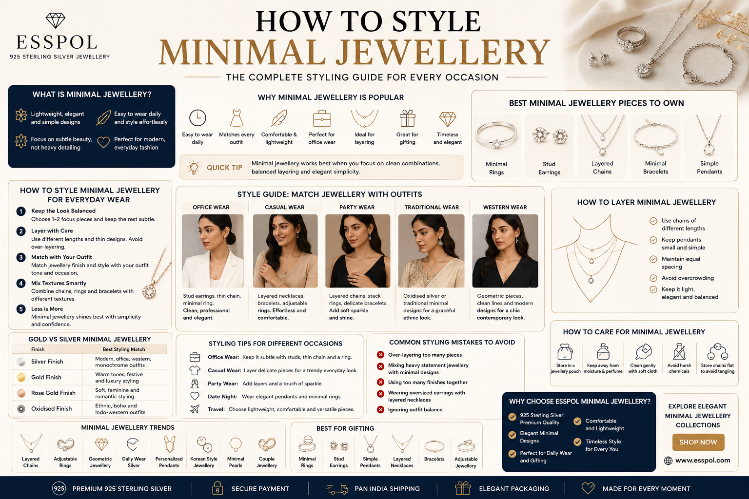 How to style minimal silver jewellery for office wear, daily wear, layering, and modern fashion by ESSPOL